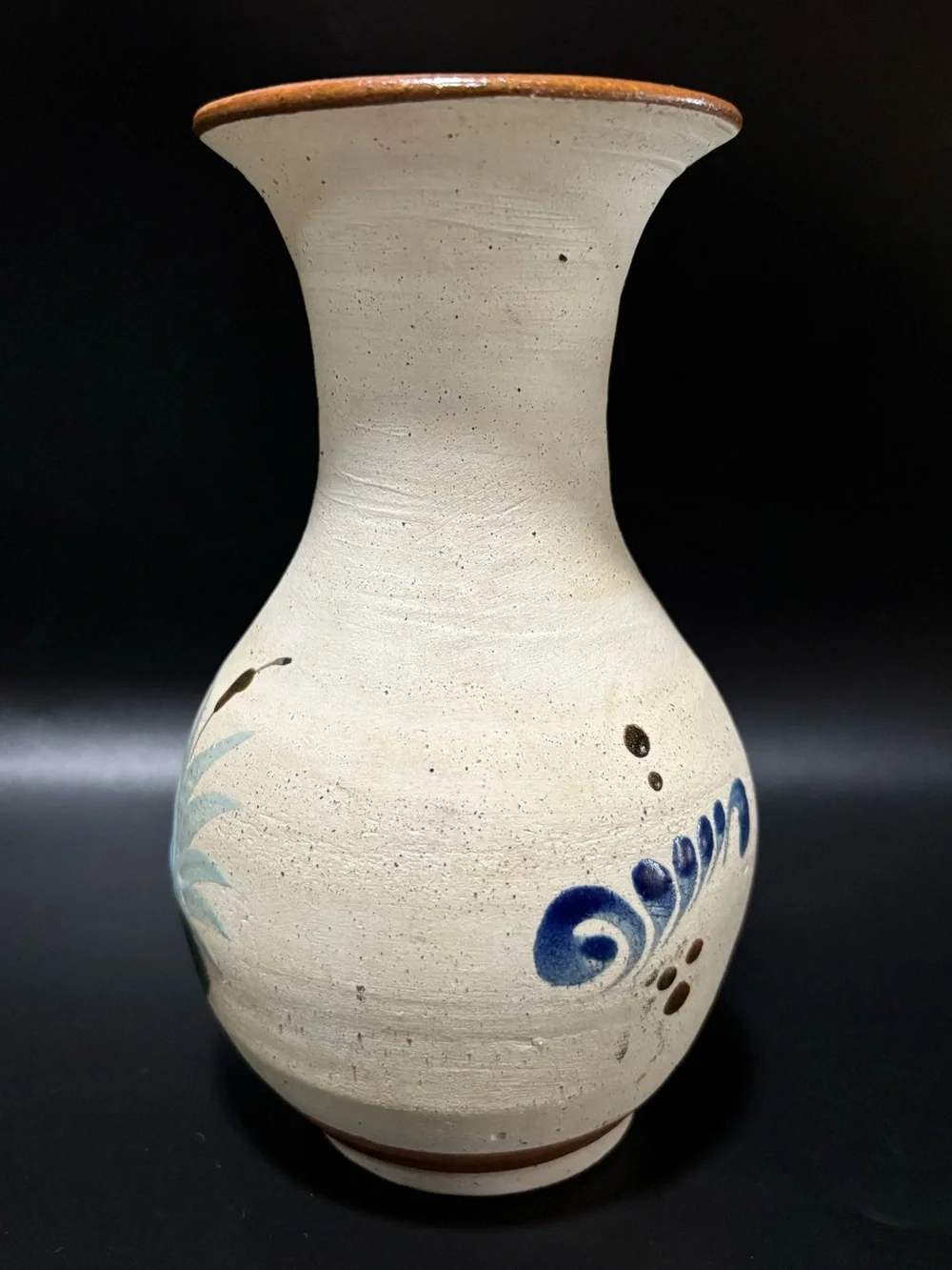 Vintage Tonala Mexican Pottery Vase Hand Painted Folk Art Bird Sandstone 6.5”